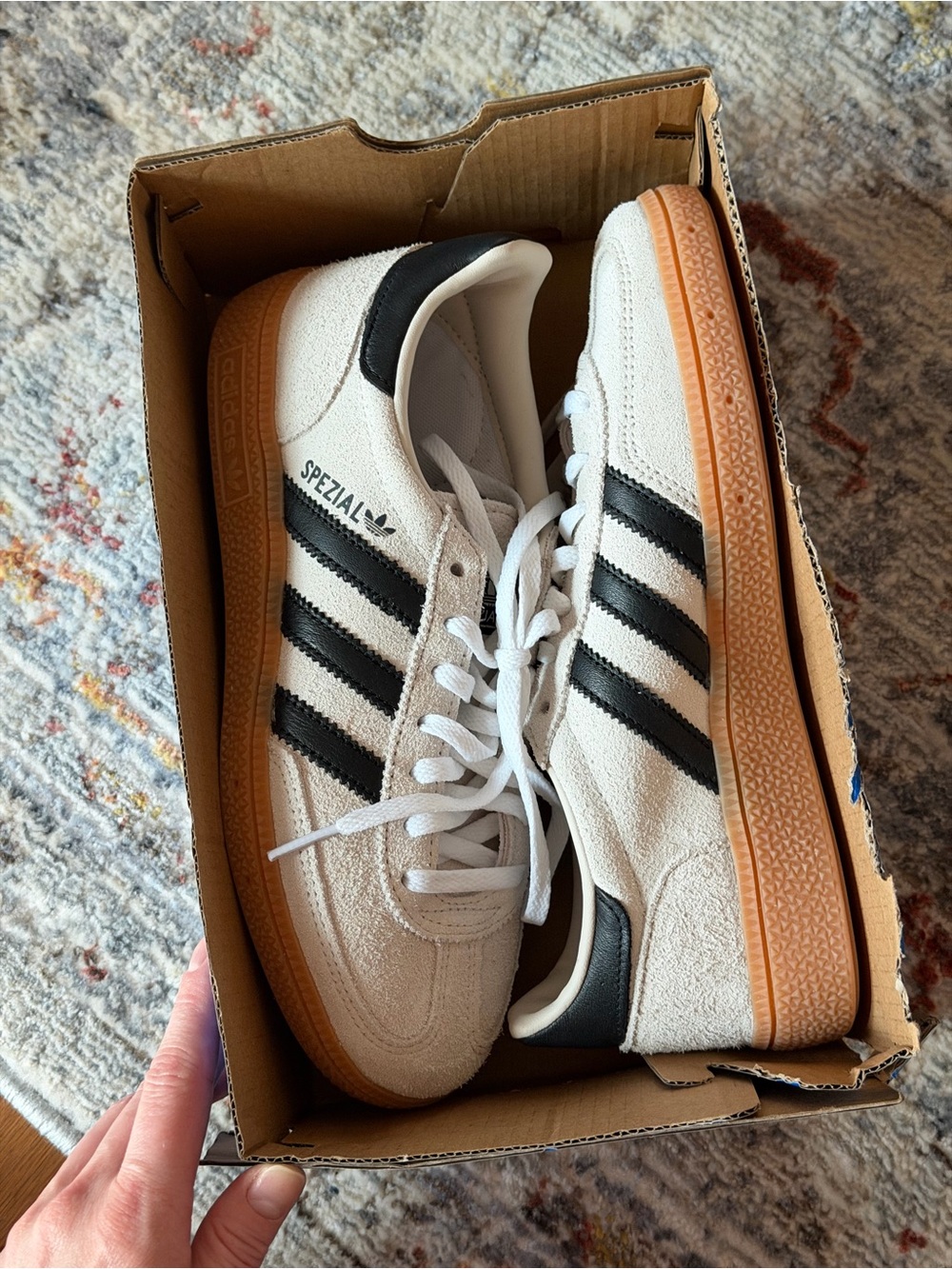Adidas Spezial Suede Sneakers in White with Black Stripes and Gum Sole, US w 5.5